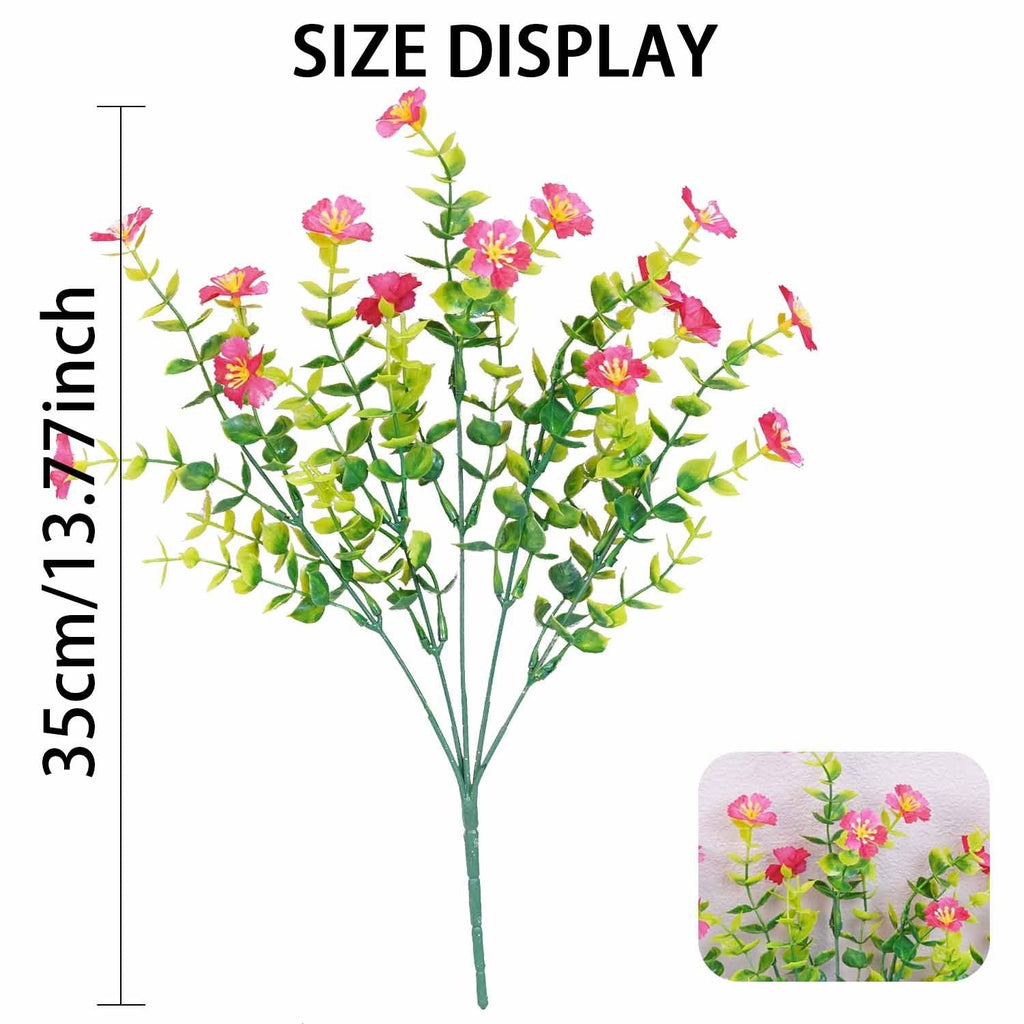 Artificial flower branch with pink flowers and green leaves, displayed with size measurement on a white background.