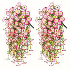 Two sets of pink and green artificial hanging flower arrangements on a white background