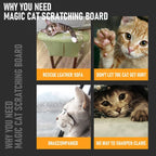 Advertisement for a magic cat scratching board with images of cats and text explaining its benefits.