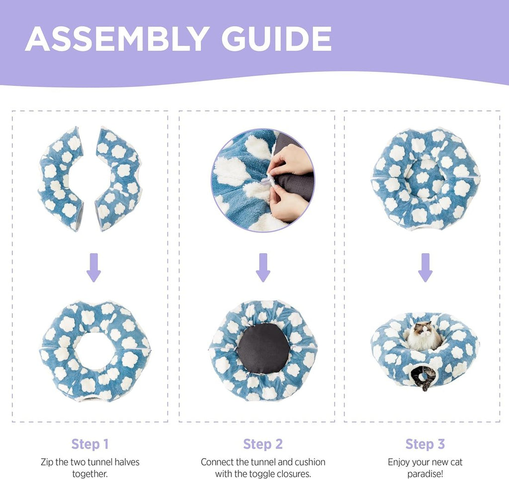 Assembly guide for a blue and white floral-patterned pet product with steps shown.