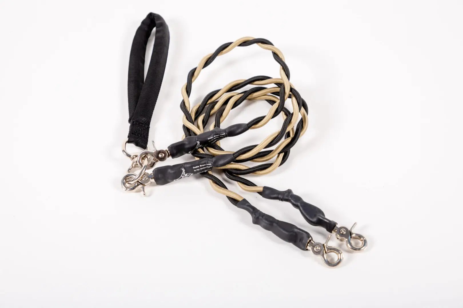 Black and beige braided lanyard with metal hooks on a white background