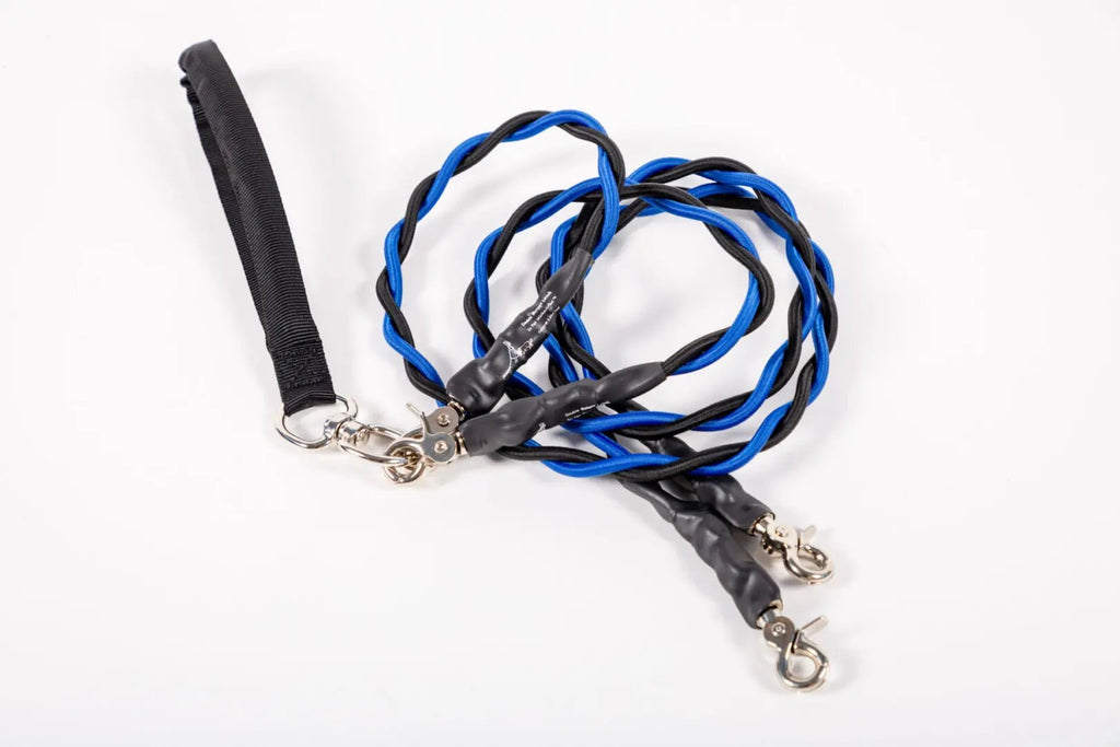 Black and blue braided lanyard with a clip on a white background