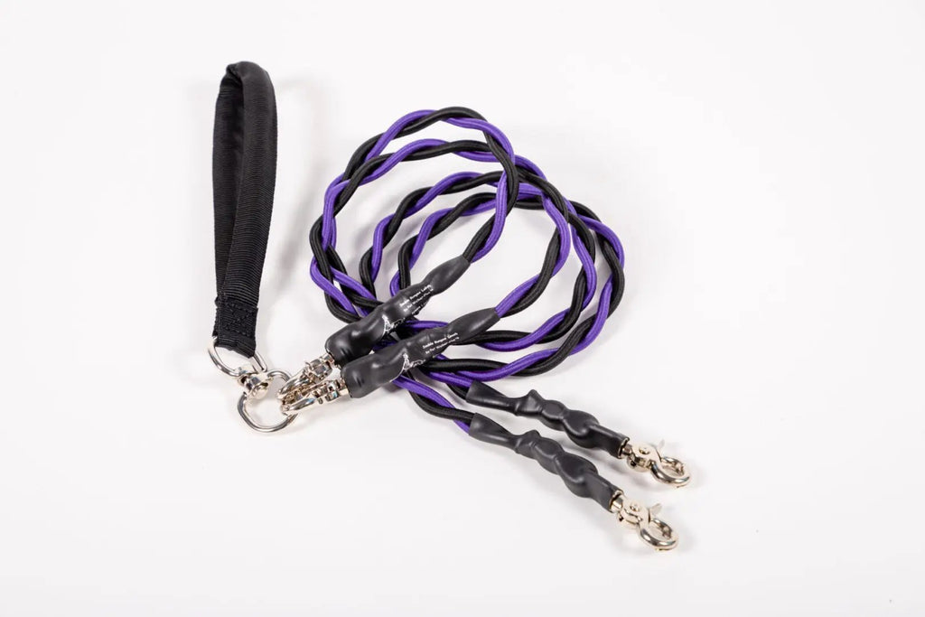 Black and purple braided lanyard with metal clasps on a white background