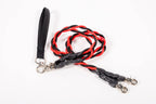 Black and red braided lanyard with metal clasps on a white background