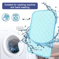 Blue cleaning pad with water droplets over a washing machine, suitable for washing machine and hand washing.
