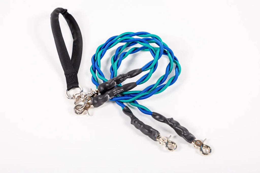 Braided blue and gray dog leash with black handle on a white background