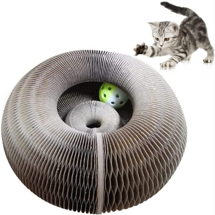 Cat toy with a ball inside, next to a cat on a white background