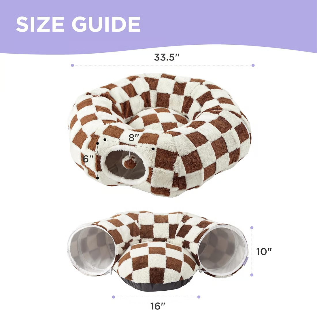 Checkered pet bed with measurements on a white background