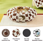 Checkered pet bed with plush sherpa cover, non-slip bottom, and built-in interactive toy on a green background.