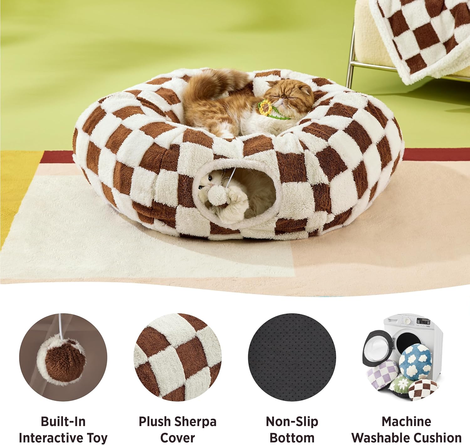 Checkered pet bed with plush sherpa cover, non-slip bottom, and built-in interactive toy on a green background.