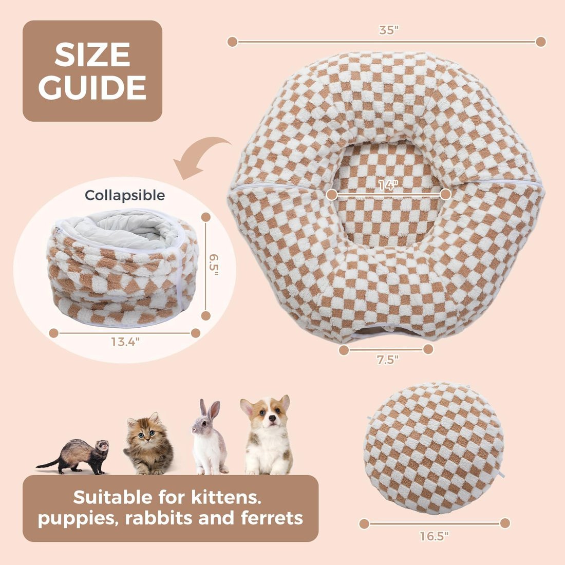 Checkered pet bed with size guide and dimensions on a pink background