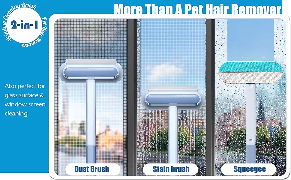 Cleaning brush set with dust brush, stain brush, and squeegee on a window cleaning background.