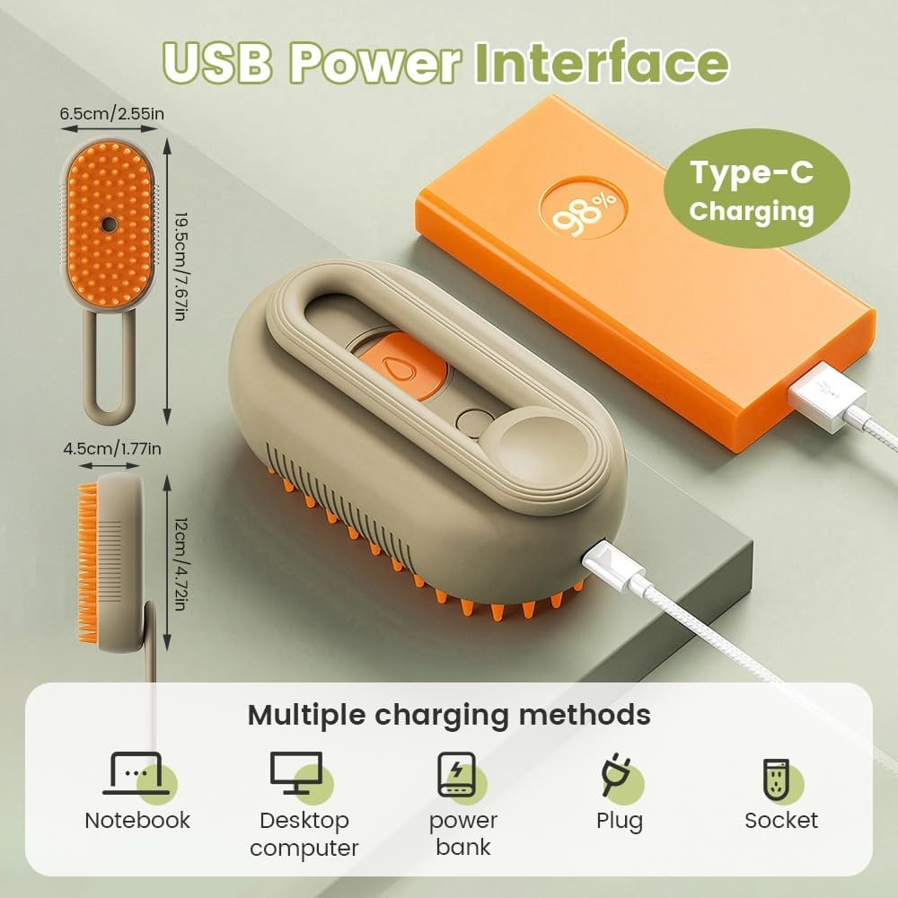 Cleaning brush with USB power interface and charging options on a light gray background