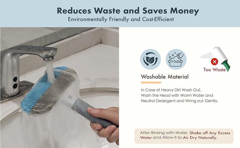 Cleaning tool being used with a faucet, highlighting washable material and environmental benefits.