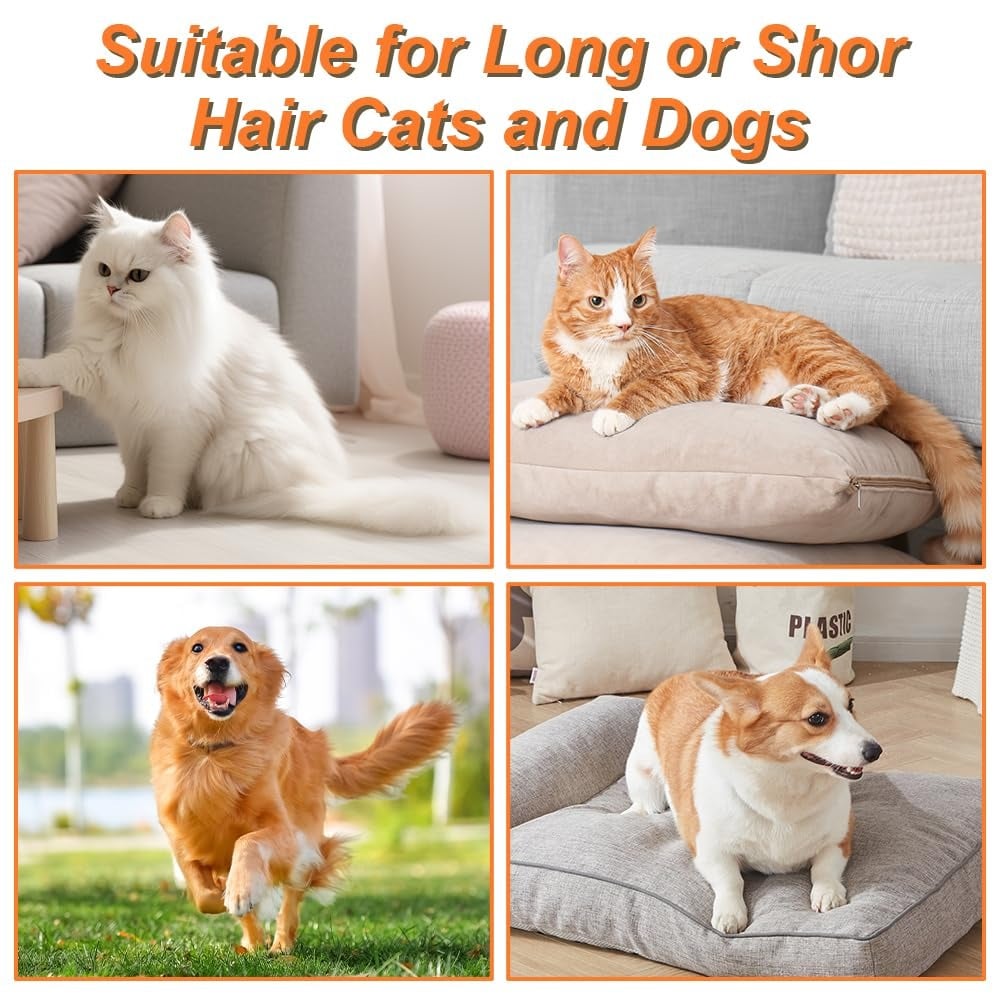 Collage of cats and dogs on cushions with text 'Suitable for Long or Short Hair Cats and Dogs'.