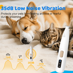 Dog and cat lying on a blanket next to a grooming tool with 35dB low noise vibration feature.