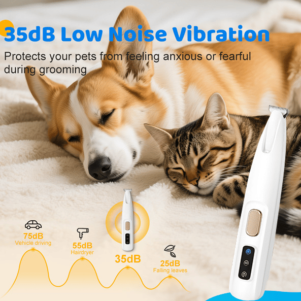 Dog and cat lying on a blanket next to a grooming tool with 35dB low noise vibration feature.