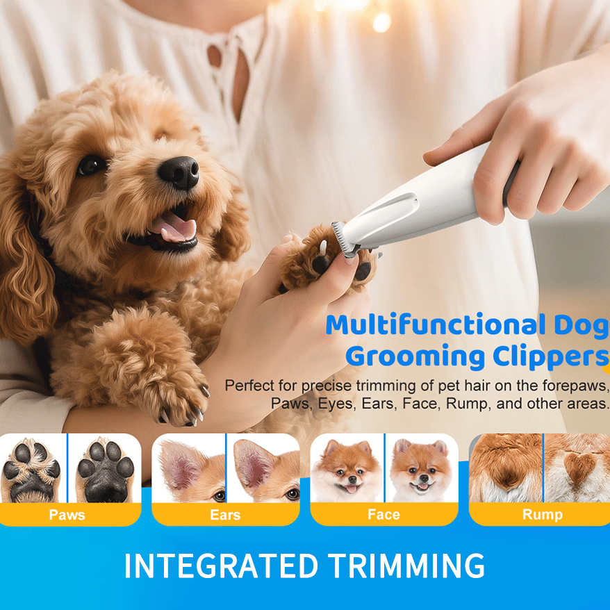 Dog being groomed with multifunctional dog grooming clippers, with text highlighting features.
