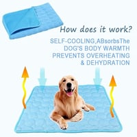 Dog cooling pad with text explaining how it works