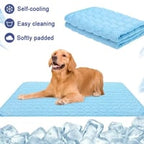 Dog lying on a blue self-cooling pad with text indicating features like self-cooling, easy cleaning, and soft padding.