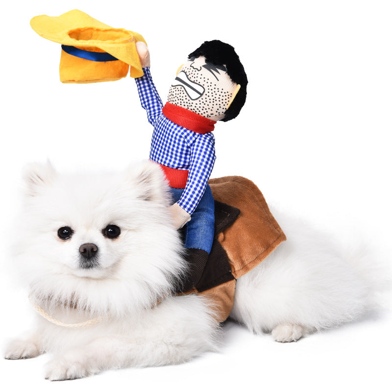 Dog playing with a cowboy plush toy on a white background