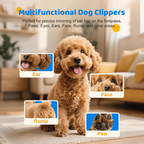 Multifunctional dog clippers advertisement with a dog and close-up images of grooming areas.