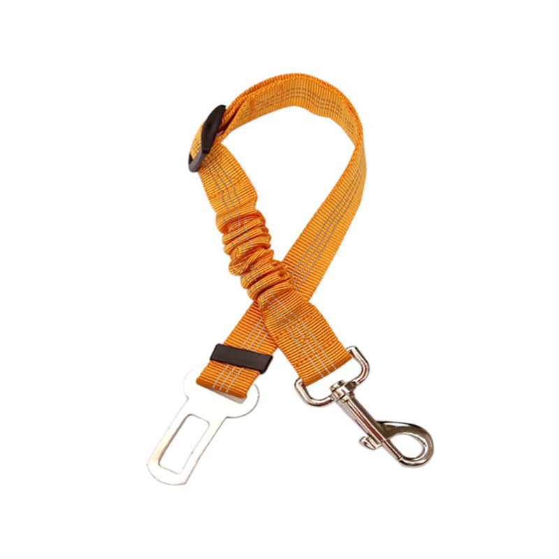 Orange car seat belt with clip on a white background
