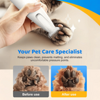 Pet grooming tool being used on a cat's paw with text 'Your Pet Care Specialist' and 'Before use' and 'After use' images of a dog's paw.