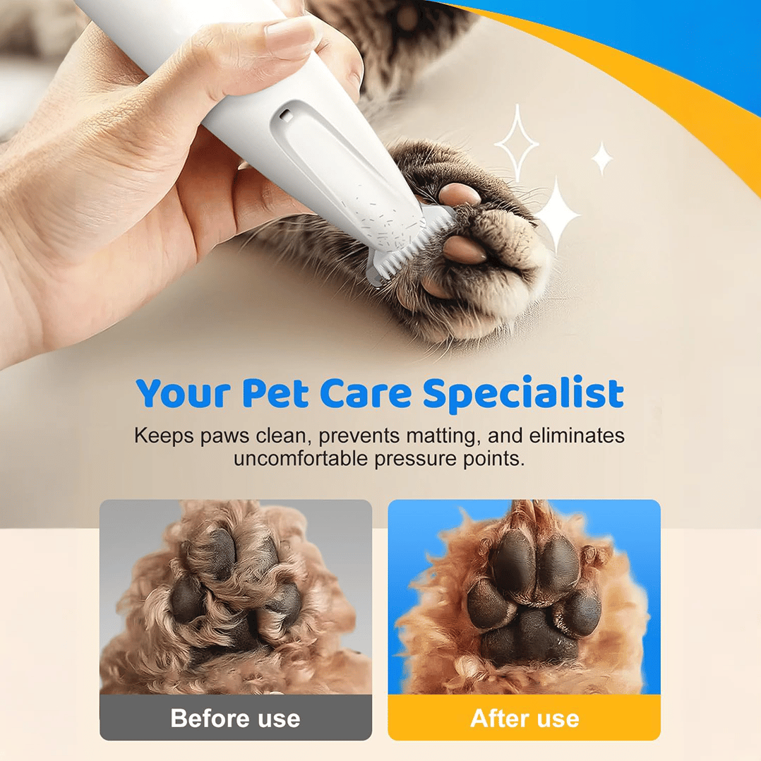 Pet grooming tool being used on a cat's paw with text 'Your Pet Care Specialist' and 'Before use' and 'After use' images of a dog's paw.