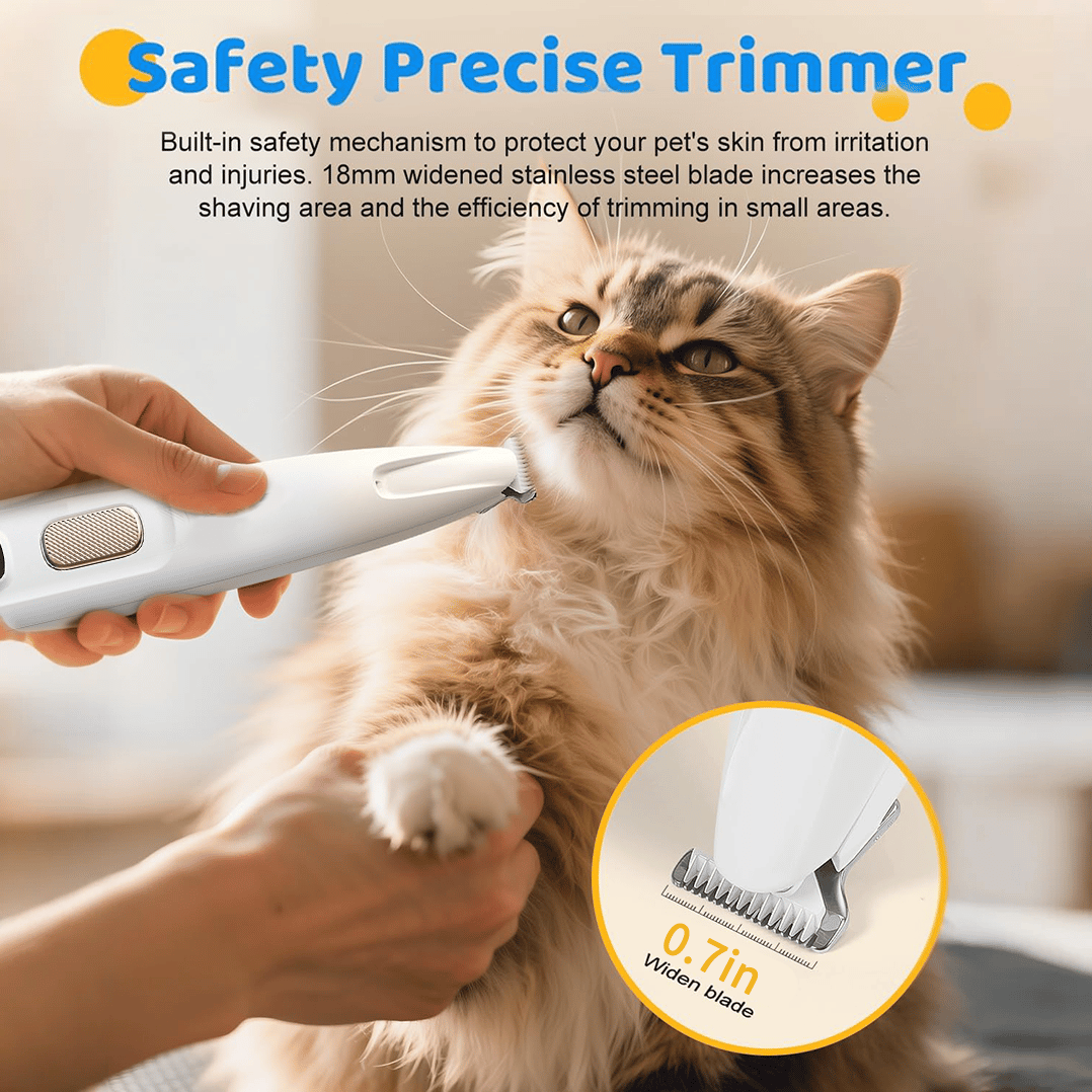 Pet grooming tool being used on a cat with text about safety and efficiency.