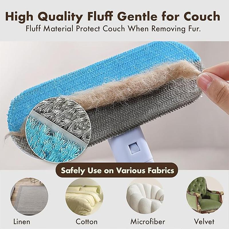 Pet hair removal brush with fluff material, showing fur pickup and safety on various fabrics.