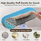 Pet hair removal brush with fluff material, showing fur pickup and safety on various fabrics.