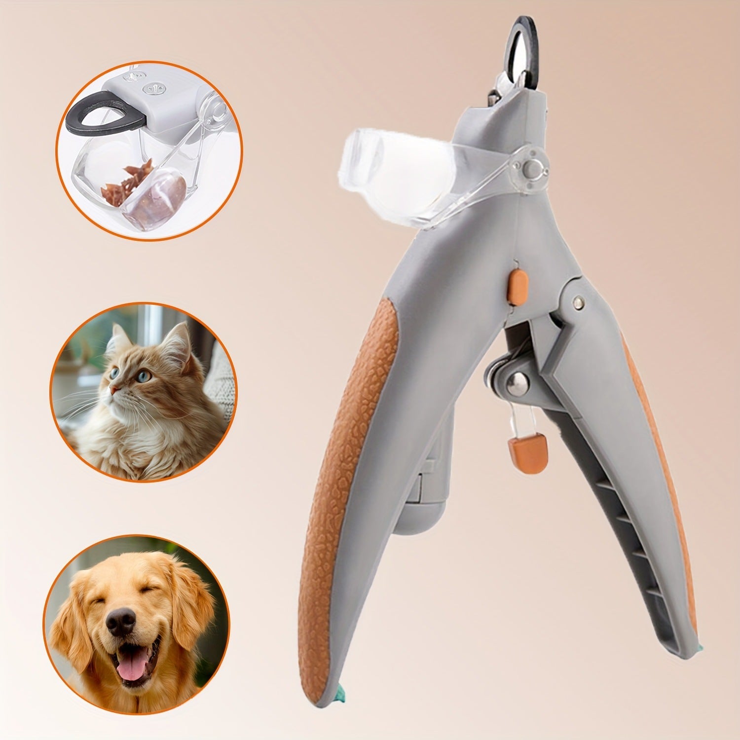 Pet nail clipper with insets of a cat and two dogs on a beige background