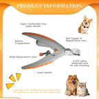 Pet nail trimmer with features highlighted on an orange and white background, including a dog and cat illustration.
