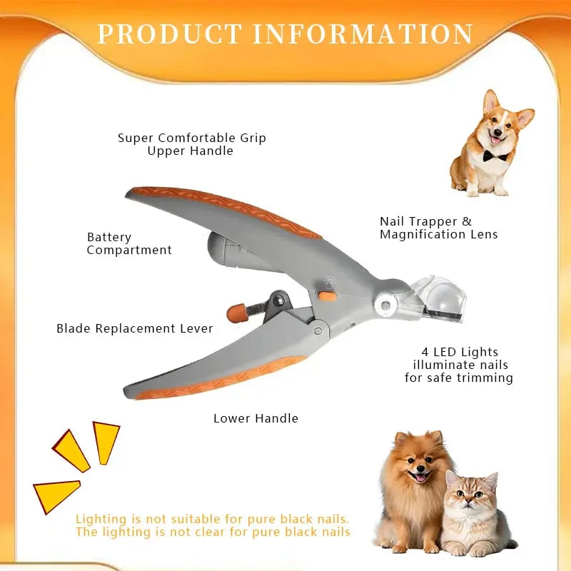 Pet nail trimmer with features highlighted on an orange and white background, including a dog and cat illustration.