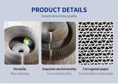 Product details of a cardboard cat toy with text on quality and features.