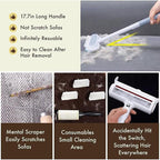 Product image with features and usage examples of a pet hair removal tool.
