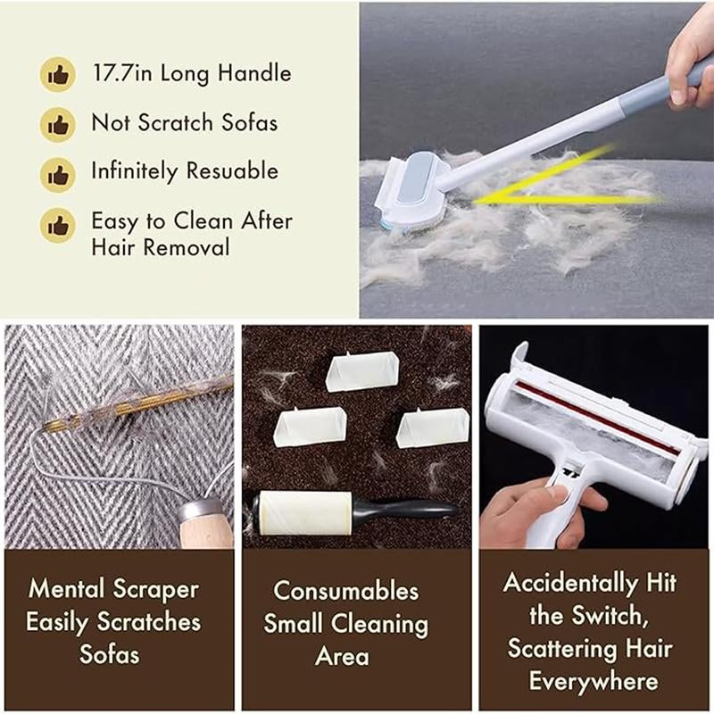 Product image with features and usage examples of a pet hair removal tool.