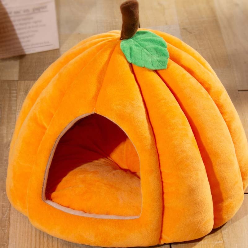 Pumpkin-shaped pet bed with a brown stem and green leaf on a wooden floor.