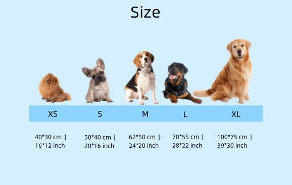 Size chart for dog beds with different breeds and dimensions on a blue background