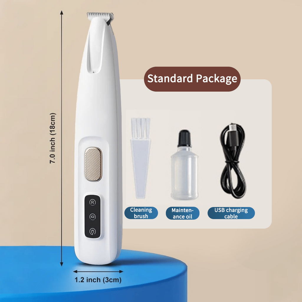 White electronic device with measurements and packaging details on a beige background