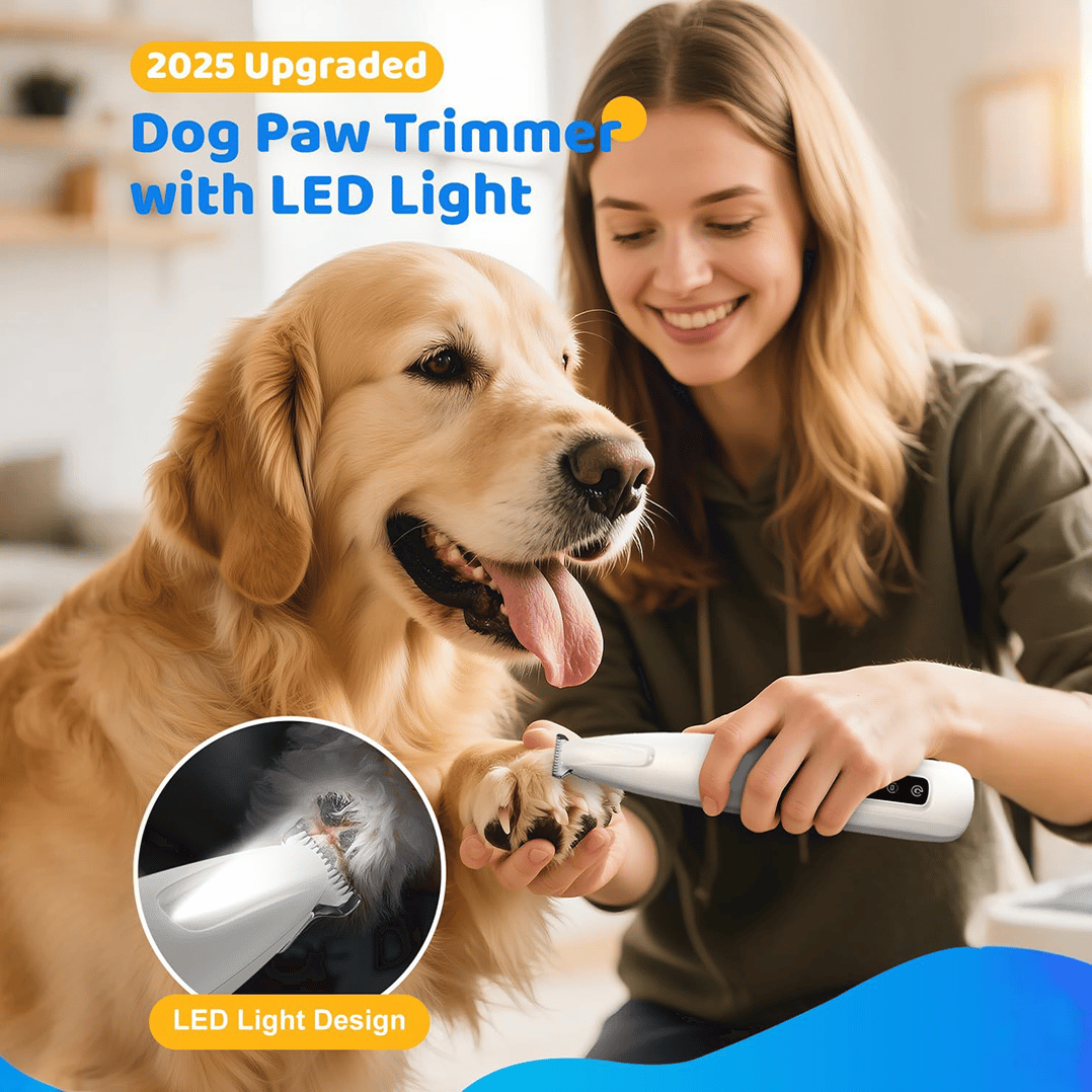 Woman using a dog paw trimmer with LED light on a Golden Retriever, with text indicating it's an upgraded product for 2025.